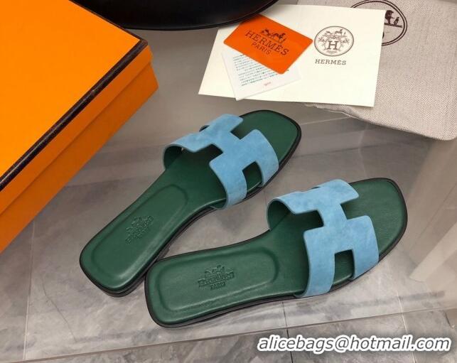 Stylish Hermes Classic Oran Flat Slide Sandals in Suede Blue/Green 0327012