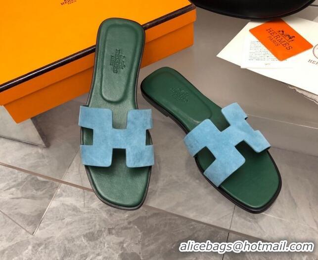 Stylish Hermes Classic Oran Flat Slide Sandals in Suede Blue/Green 0327012