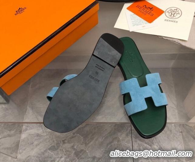 Stylish Hermes Classic Oran Flat Slide Sandals in Suede Blue/Green 0327012