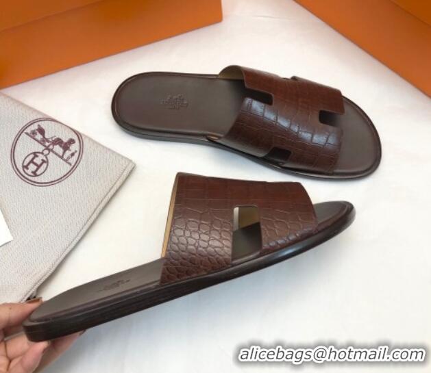 Fashion Hermes Men's Classic Izmir Flat Slide Sandals in Crocodile Embossed Leather Brown 327014