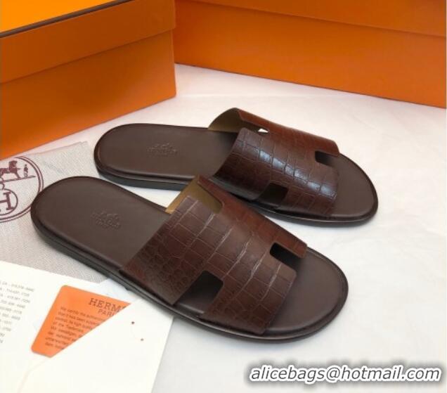 Fashion Hermes Men's Classic Izmir Flat Slide Sandals in Crocodile Embossed Leather Brown 327014