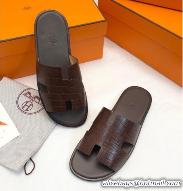 Fashion Hermes Men's Classic Izmir Flat Slide Sandals in Crocodile Embossed Leather Brown 327014