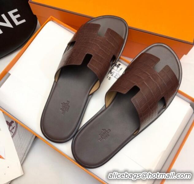 Fashion Hermes Men's Classic Izmir Flat Slide Sandals in Crocodile Embossed Leather Brown 327014