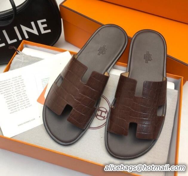 Fashion Hermes Men's Classic Izmir Flat Slide Sandals in Crocodile Embossed Leather Brown 327014