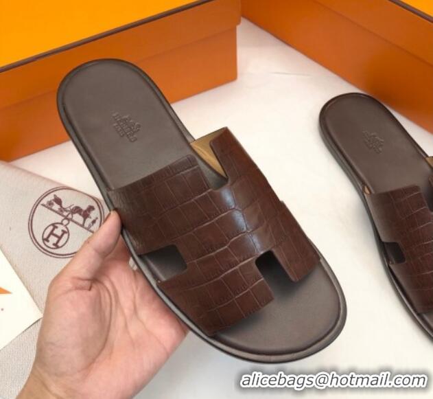 Fashion Hermes Men's Classic Izmir Flat Slide Sandals in Crocodile Embossed Leather Brown 327014