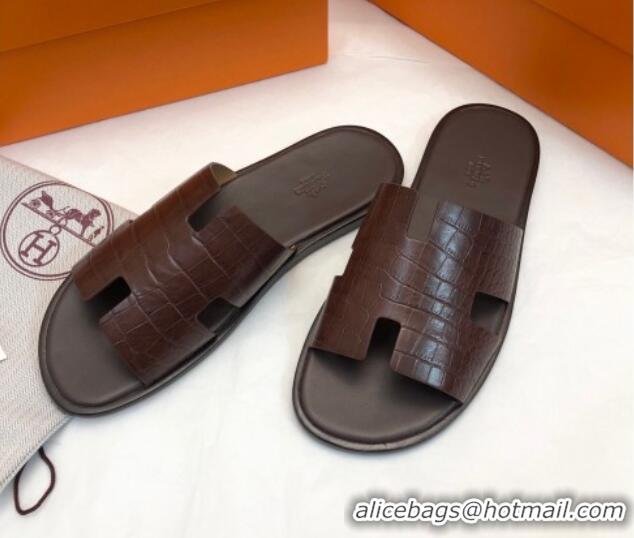 Fashion Hermes Men's Classic Izmir Flat Slide Sandals in Crocodile Embossed Leather Brown 327014