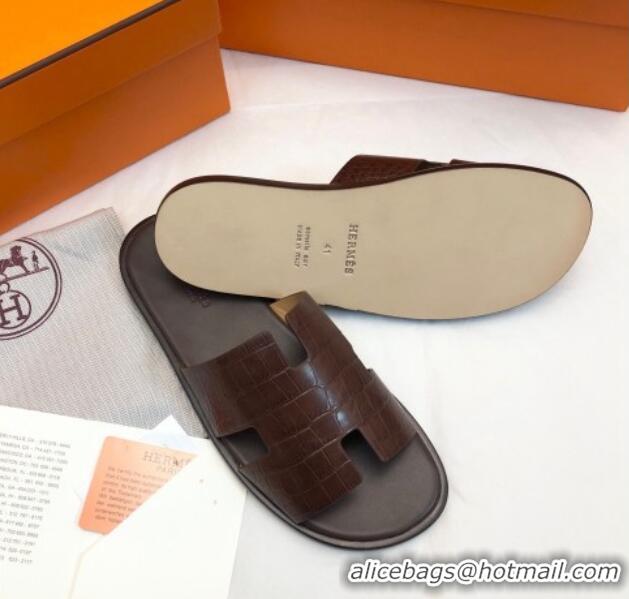 Fashion Hermes Men's Classic Izmir Flat Slide Sandals in Crocodile Embossed Leather Brown 327014