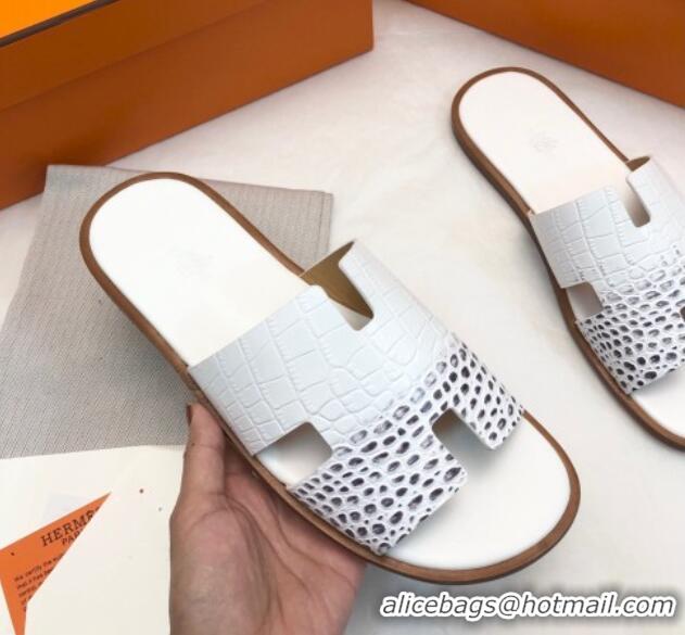 Unique Discount Hermes Men's Classic Izmir Flat Slide Sandals in Crocodile Embossed Leather White 327015