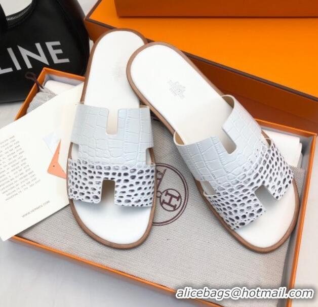 Unique Discount Hermes Men's Classic Izmir Flat Slide Sandals in Crocodile Embossed Leather White 327015