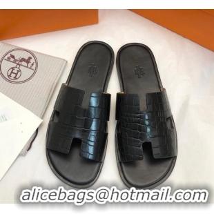 Top Design Hermes Men's Classic Izmir Flat Slide Sandals in Crocodile Embossed Leather Black 0327016