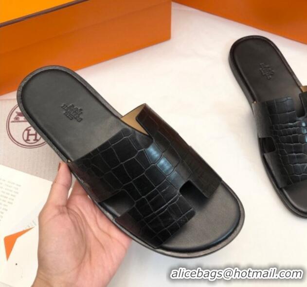 Top Design Hermes Men's Classic Izmir Flat Slide Sandals in Crocodile Embossed Leather Black 0327016