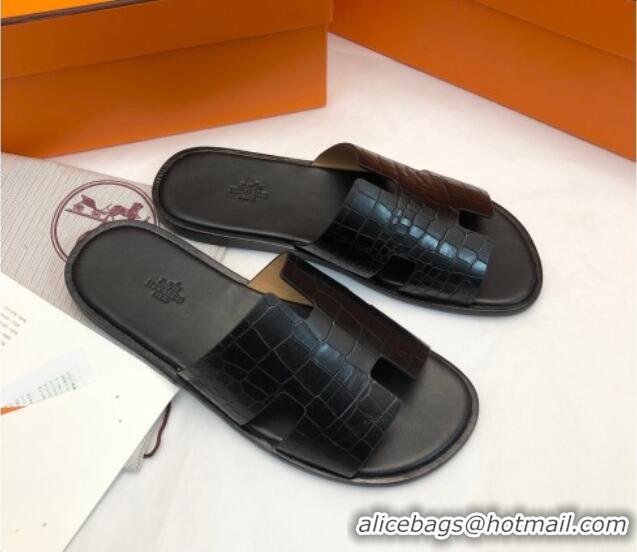 Top Design Hermes Men's Classic Izmir Flat Slide Sandals in Crocodile Embossed Leather Black 0327016