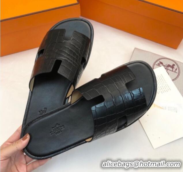 Top Design Hermes Men's Classic Izmir Flat Slide Sandals in Crocodile Embossed Leather Black 0327016