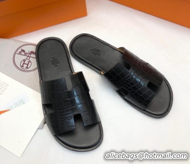 Top Design Hermes Men's Classic Izmir Flat Slide Sandals in Crocodile Embossed Leather Black 0327016