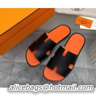 Luxury Hermes Men's Classic Izmir Flat Slide Sandals in Palm-Grained Leather Black/Orange 327017