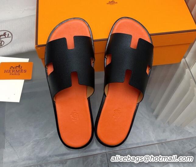 Luxury Hermes Men's Classic Izmir Flat Slide Sandals in Palm-Grained Leather Black/Orange 327017