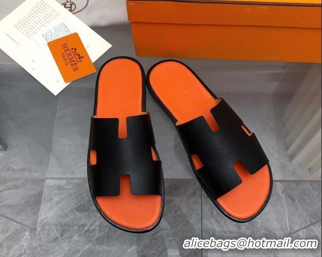 Luxury Hermes Men's Classic Izmir Flat Slide Sandals in Palm-Grained Leather Black/Orange 327017