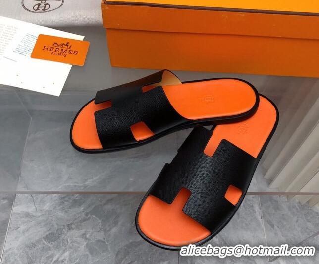 Luxury Hermes Men's Classic Izmir Flat Slide Sandals in Palm-Grained Leather Black/Orange 327017