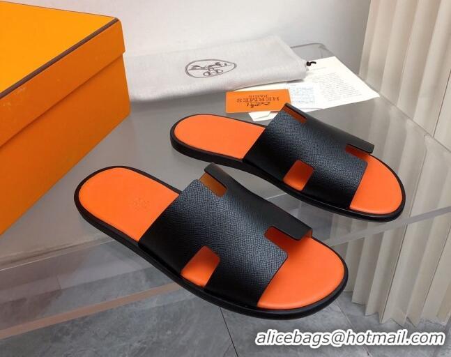 Luxury Hermes Men's Classic Izmir Flat Slide Sandals in Palm-Grained Leather Black/Orange 327017