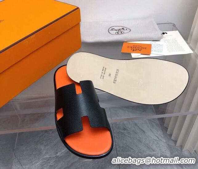 Luxury Hermes Men's Classic Izmir Flat Slide Sandals in Palm-Grained Leather Black/Orange 327017