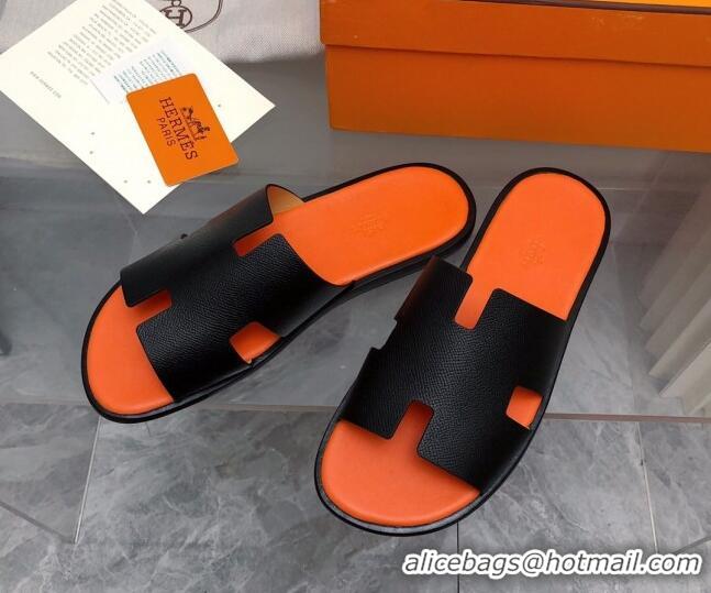 Luxury Hermes Men's Classic Izmir Flat Slide Sandals in Palm-Grained Leather Black/Orange 327017