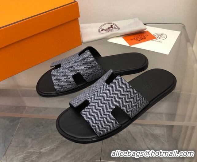 Stylish Hermes Men's Classic Izmir Flat Slide Sandals in Fabric Blue 327018