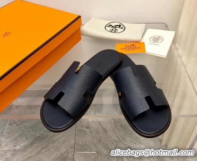 Luxury Cheap Hermes Men's Classic Izmir Flat Slide Sandals in Palm-Grained Leather Dark Blue 327019