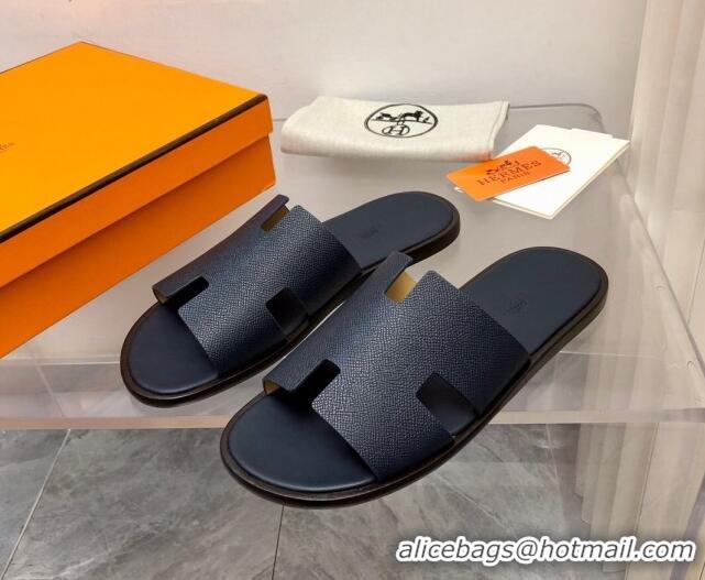 Luxury Cheap Hermes Men's Classic Izmir Flat Slide Sandals in Palm-Grained Leather Dark Blue 327019