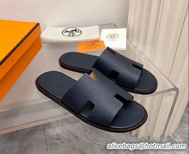 Luxury Cheap Hermes Men's Classic Izmir Flat Slide Sandals in Palm-Grained Leather Dark Blue 327019