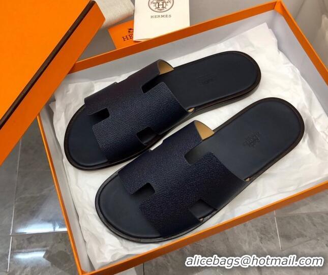 Luxury Cheap Hermes Men's Classic Izmir Flat Slide Sandals in Palm-Grained Leather Dark Blue 327019