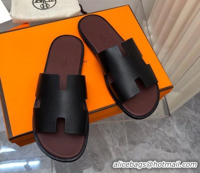 Luxury Hermes Men's Classic Izmir Flat Slide Sandals in Palm-Grained Leather Black/Brown 327020