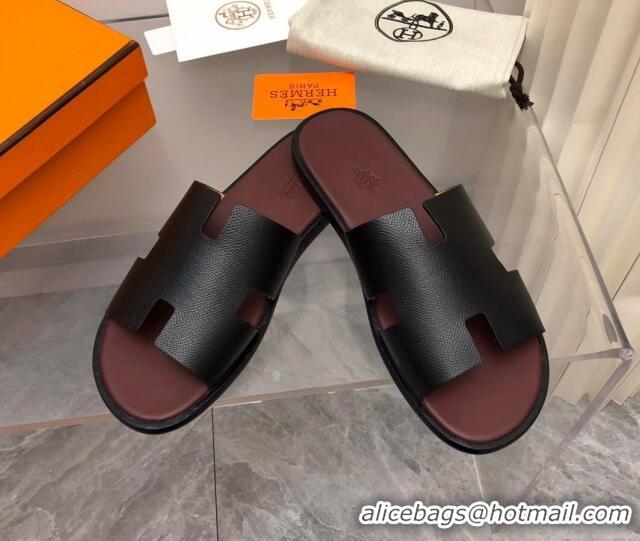 Luxury Hermes Men's Classic Izmir Flat Slide Sandals in Palm-Grained Leather Black/Brown 327020