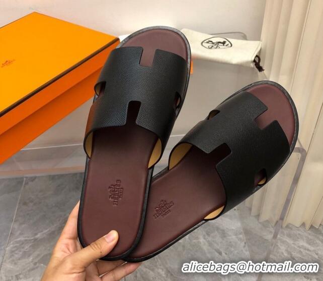 Luxury Hermes Men's Classic Izmir Flat Slide Sandals in Palm-Grained Leather Black/Brown 327020