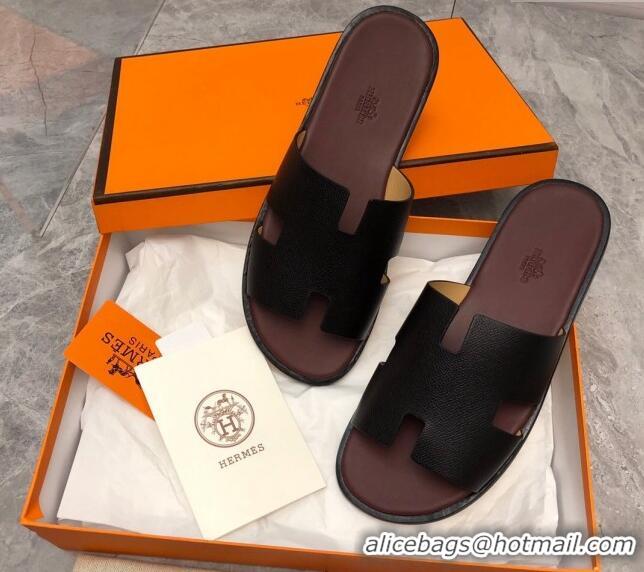 Luxury Hermes Men's Classic Izmir Flat Slide Sandals in Palm-Grained Leather Black/Brown 327020