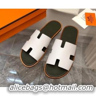 Hot Style Hermes Men's Classic Izmir Flat Slide Sandals in Palm-Grained Leather White/Dark Green 327021