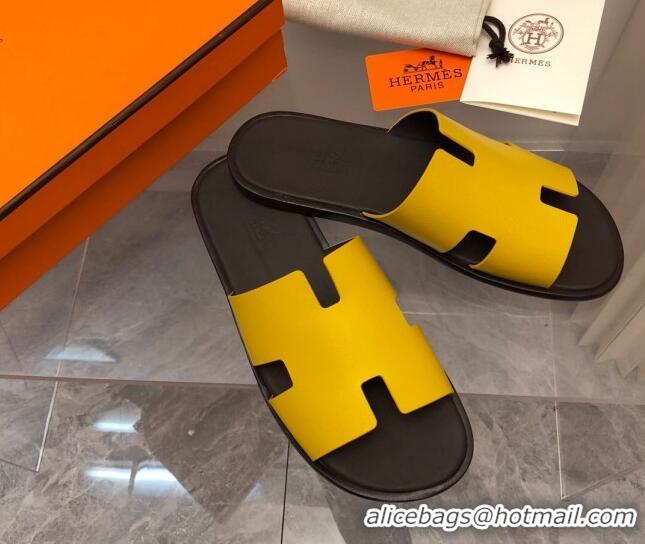 Best Grade Hermes Men's Classic Izmir Flat Slide Sandals in Palm-Grained Leather Yellow 327023