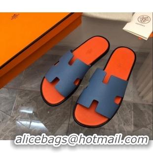 Grade Quality Hermes Men's Classic Izmir Flat Slide Sandals in Palm-Grained Leather Blue/Orange 327024