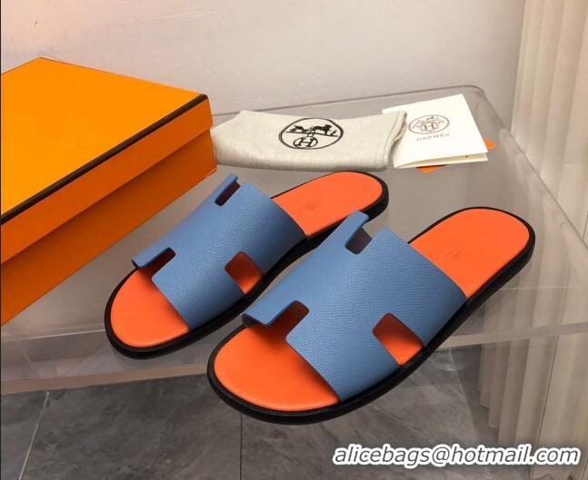 Grade Quality Hermes Men's Classic Izmir Flat Slide Sandals in Palm-Grained Leather Blue/Orange 327024