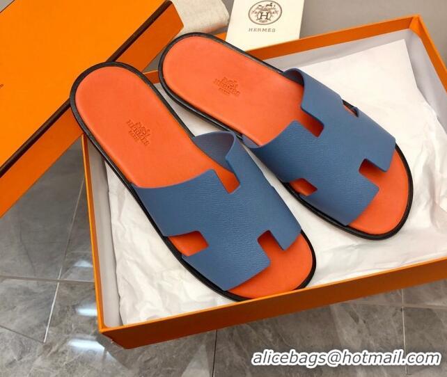 Grade Quality Hermes Men's Classic Izmir Flat Slide Sandals in Palm-Grained Leather Blue/Orange 327024