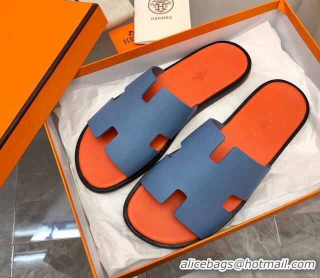 Grade Quality Hermes Men's Classic Izmir Flat Slide Sandals in Palm-Grained Leather Blue/Orange 327024