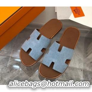 Luxurious Hermes Men's Classic Izmir Flat Slide Sandals in Denim Light Blue 327025