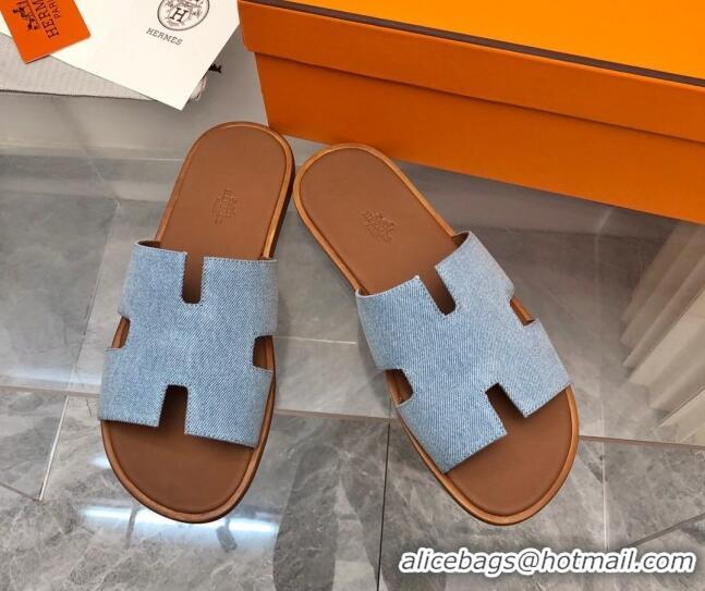 Luxurious Hermes Men's Classic Izmir Flat Slide Sandals in Denim Light Blue 327025