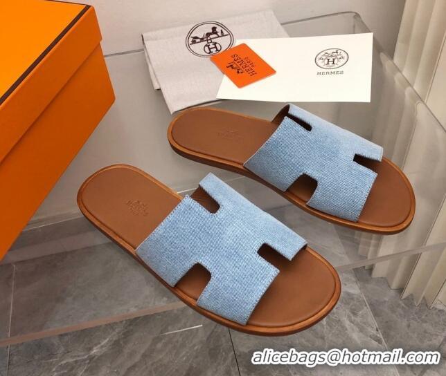 Luxurious Hermes Men's Classic Izmir Flat Slide Sandals in Denim Light Blue 327025