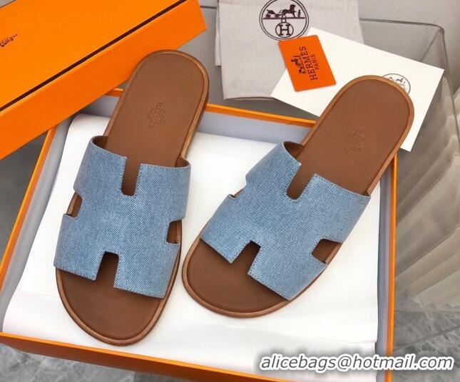 Luxurious Hermes Men's Classic Izmir Flat Slide Sandals in Denim Light Blue 327025