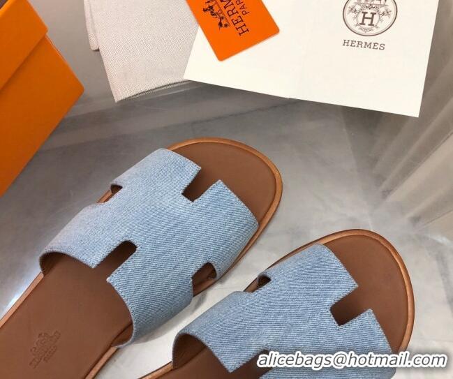 Luxurious Hermes Men's Classic Izmir Flat Slide Sandals in Denim Light Blue 327025