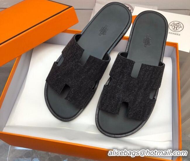 Pretty Style Hermes Men's Classic Izmir Flat Slide Sandals in Denim Black 327026