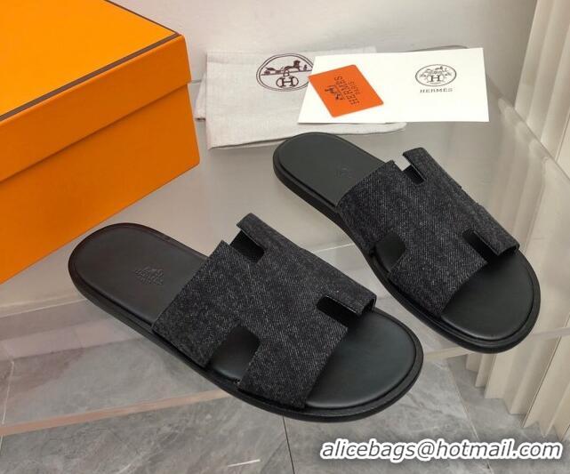 Pretty Style Hermes Men's Classic Izmir Flat Slide Sandals in Denim Black 327026