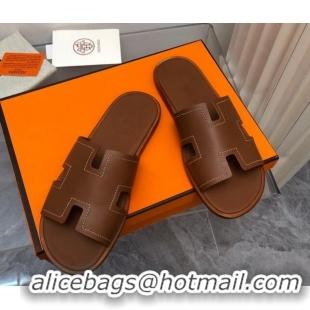 Shop Duplicate Hermes Men's Classic Izmir Flat Slide Sandals in Calfskin with Stitching Brown 327027