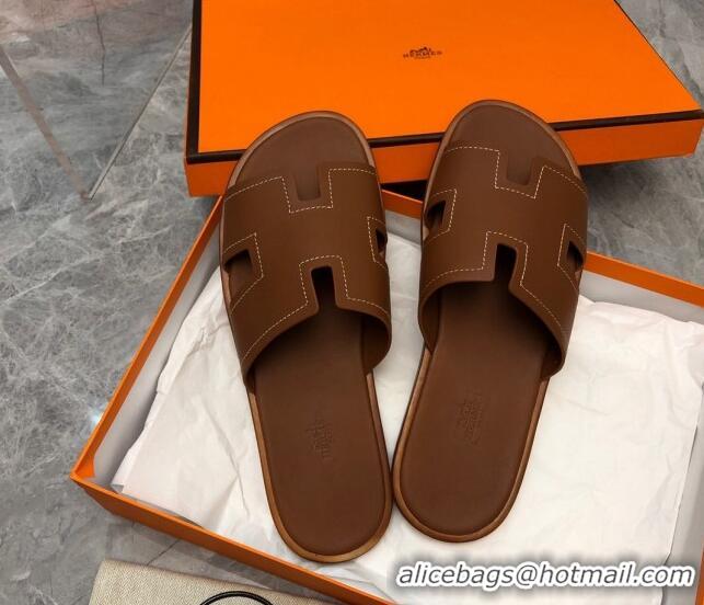 Shop Duplicate Hermes Men's Classic Izmir Flat Slide Sandals in Calfskin with Stitching Brown 327027