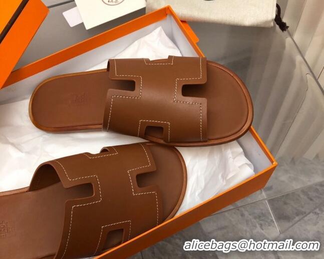 Shop Duplicate Hermes Men's Classic Izmir Flat Slide Sandals in Calfskin with Stitching Brown 327027